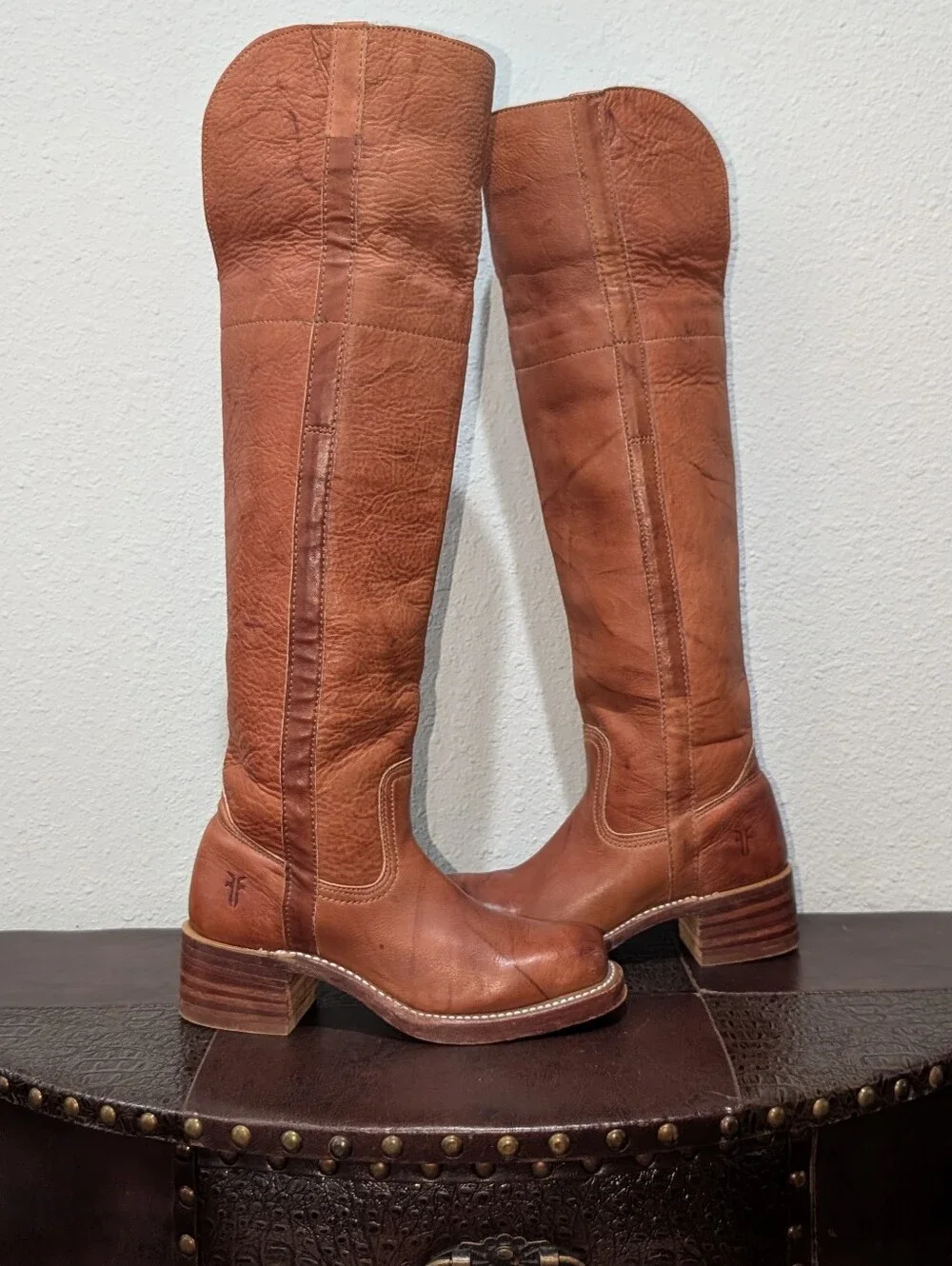 Vintage Frye Made in USA Over The Knee Leather Boots Cognac Brown Size 5.5M